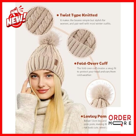Satin Lined Beanie with Pom Pom, Warm Knit Winter Hat, One Size main image 8